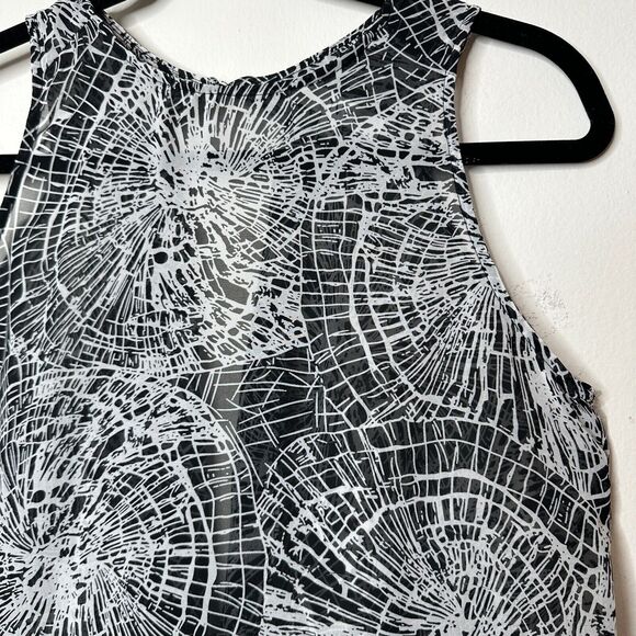 Ovi Black & White Wood Circle Design Keyhole Draped Back Sleeveless Blouse Small - Picture 2 of 11